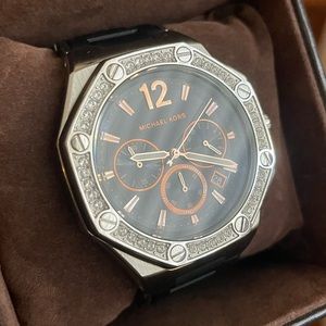 Ladies Michael Kors Watch Black Crystals Bronze Copper Silver Authentic
